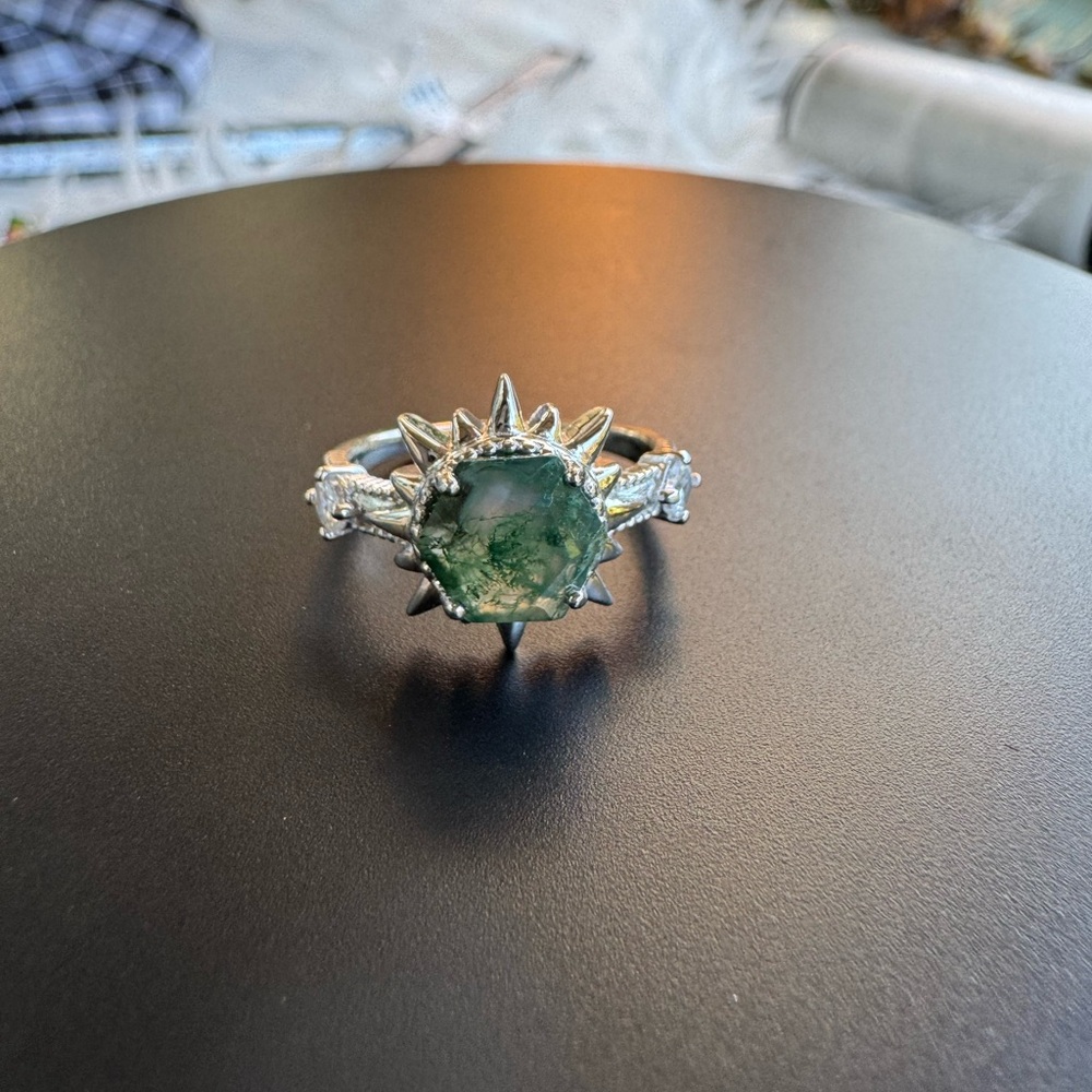 Starburst Natural Moss Agate Ring White Topaz accent 925 Sterling Silver NWOT
